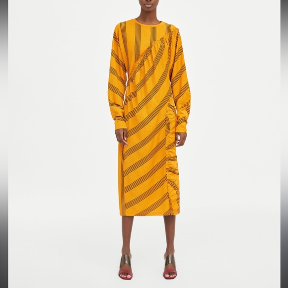 ZARA W/B Collection Mustard Midi Long Sleeve Dress L - Picture 1 of 7